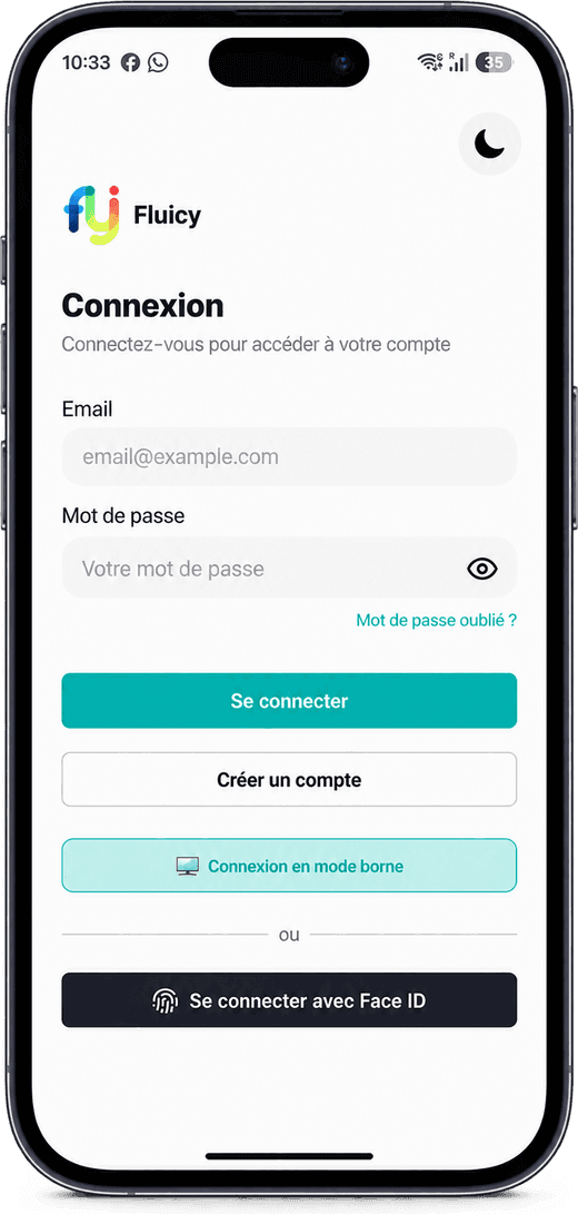 Fluicy sur iPhone : écran de connexion de l’application mobile